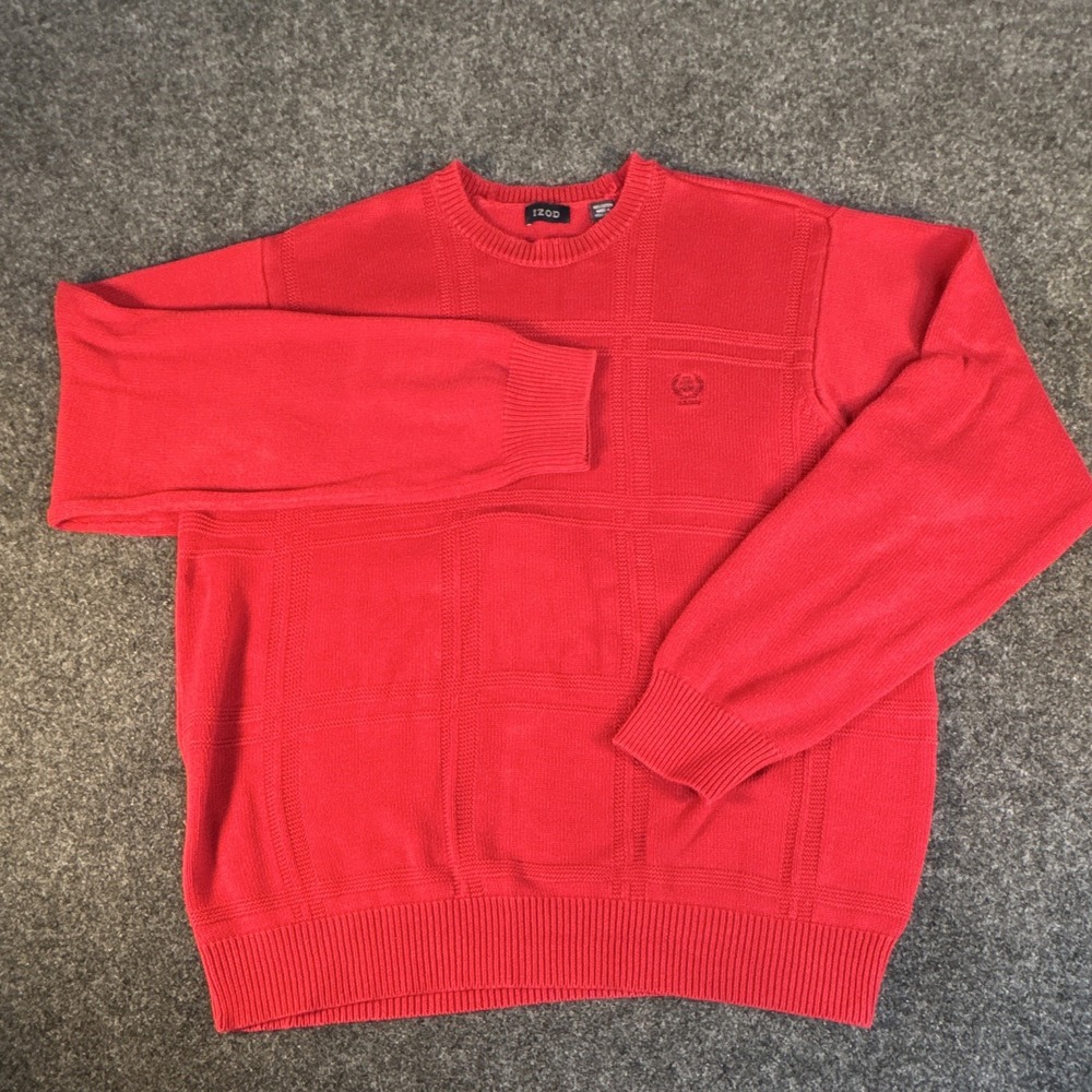 Izod Cotton Sweater , Mens XL, Red, Crew Neck, Chunky Textured Cable Knit A1202